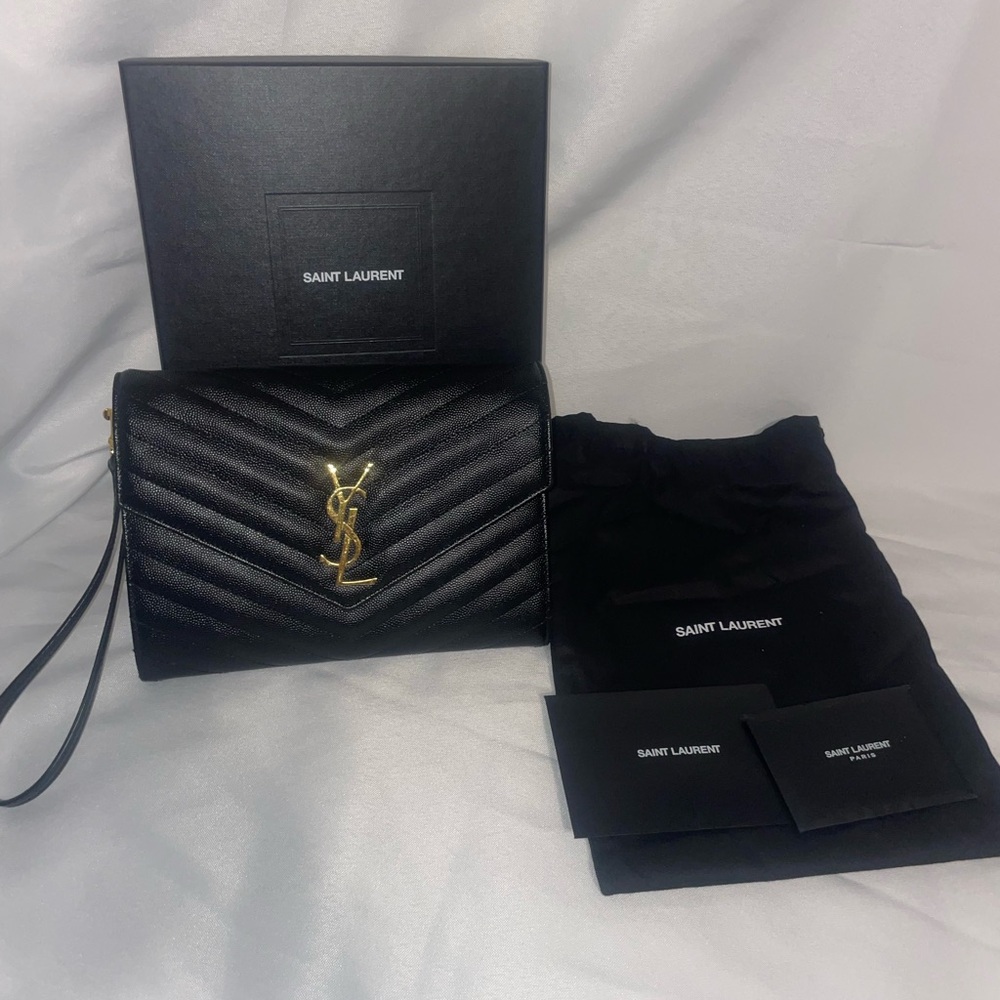 Cassandre Matelassé Flap Pouch, Yves Saint Laurent, YSL wristlet, black